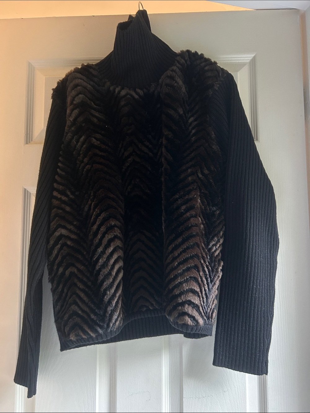 Nina Leonard Black and Brown Faux-Fur Chevron Turtleneck Sweater